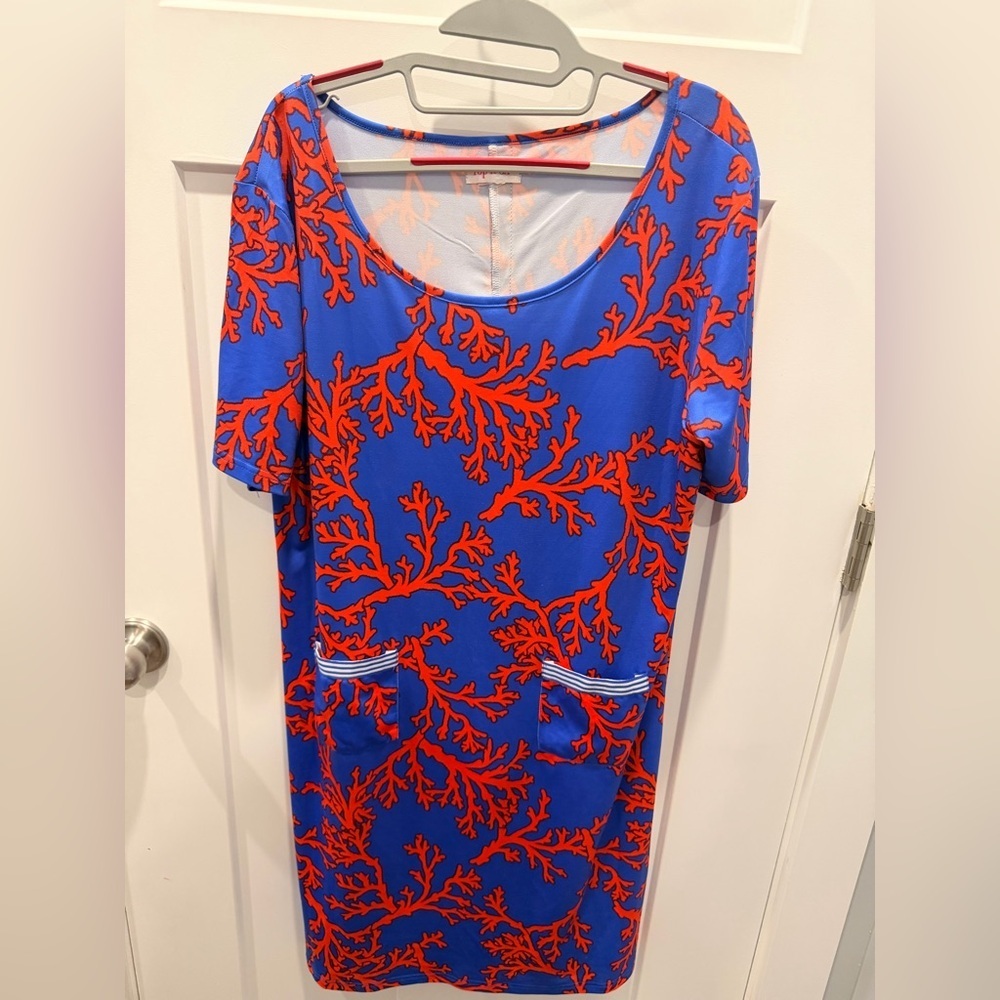 Top It Off Coral Print Shift Dress Blue Red Pockets Coastal large